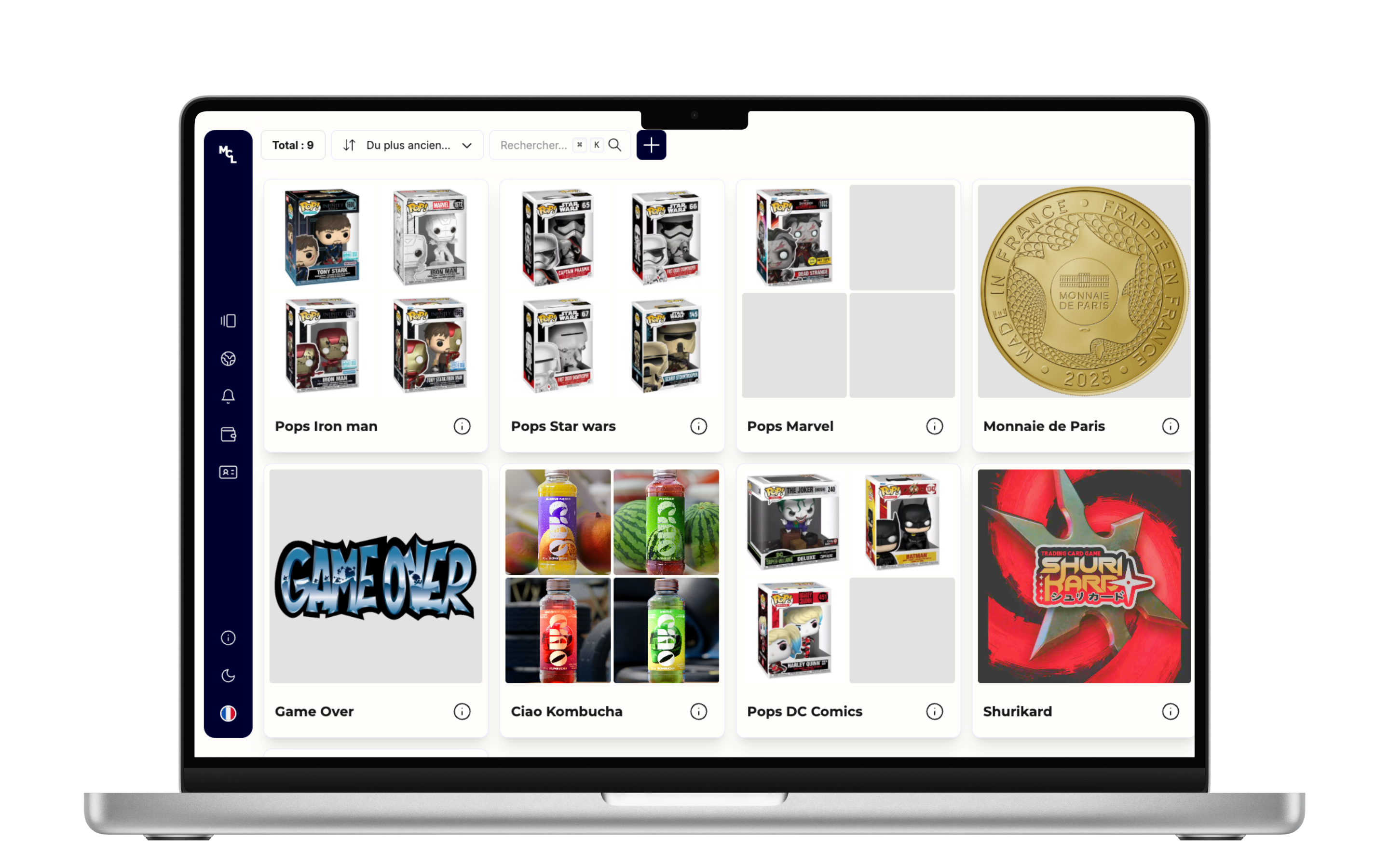 MyCataLog on desktop: the collections list as a grid, each one illustrated by its items (Funko Pops, coins, trading cards)