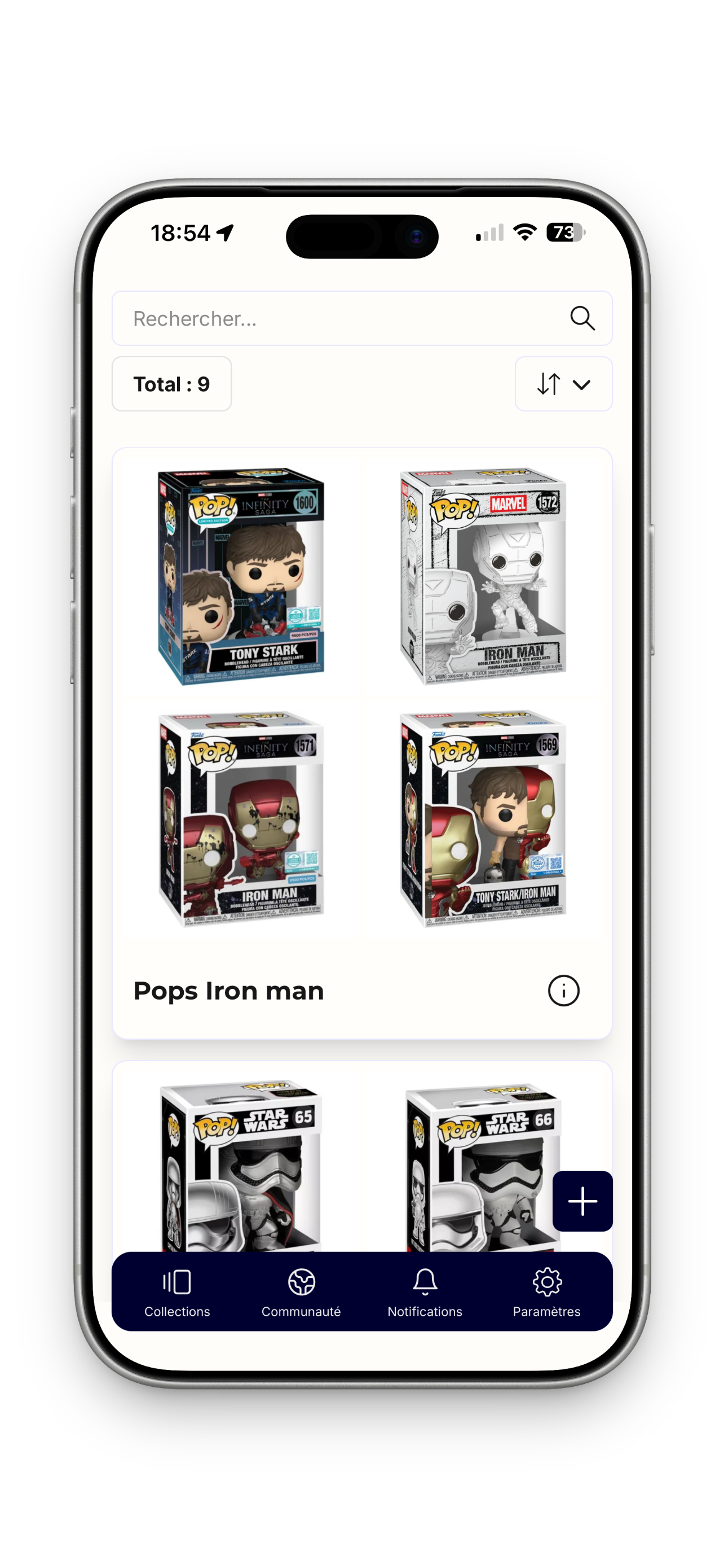 MyCataLog on mobile: a collection of Iron Man Funko Pops, with search, sorting and the navigation bar